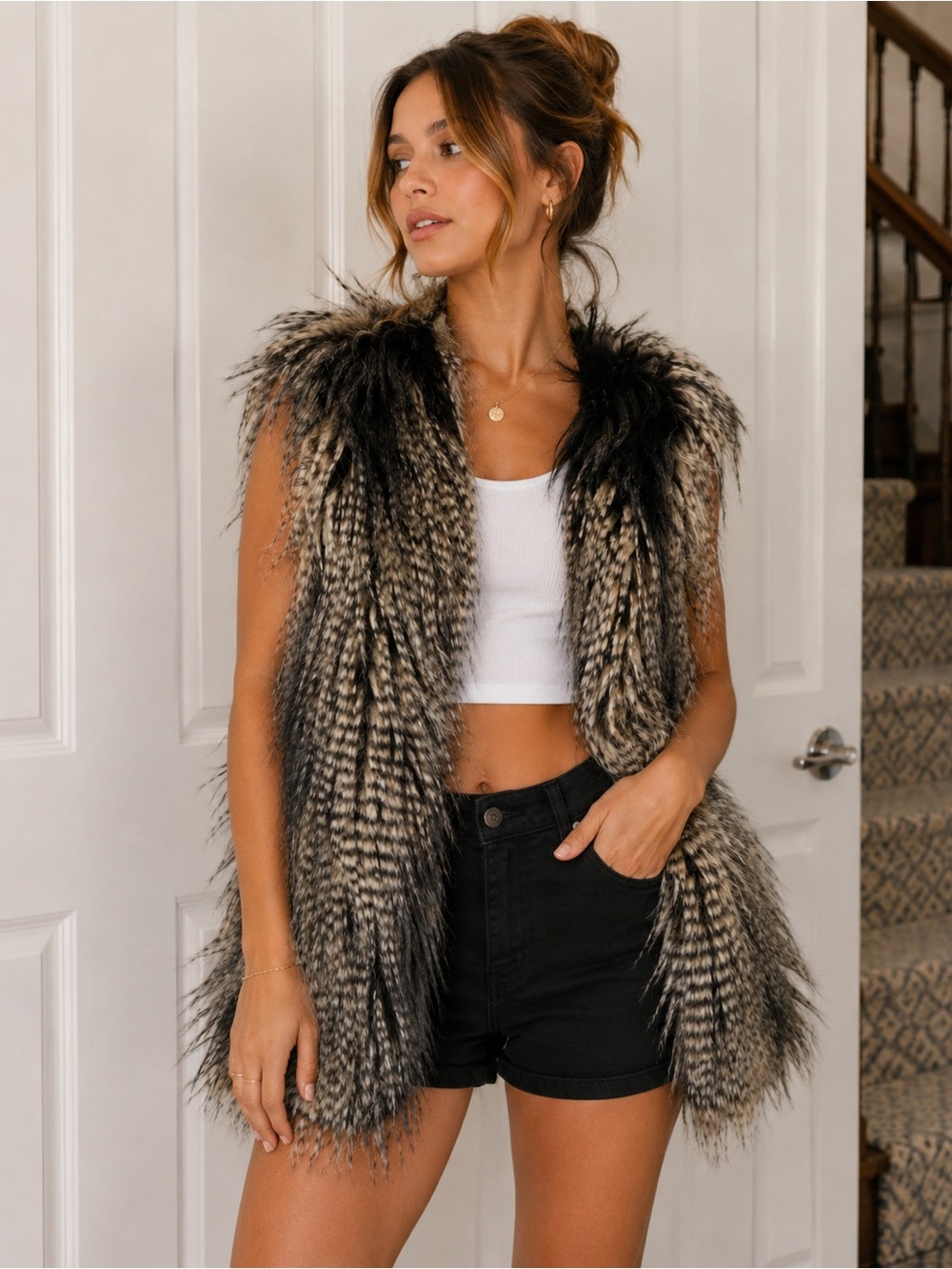 Zara  Faux Fur Vest in Black and Gray Statment Festival Boho size Small